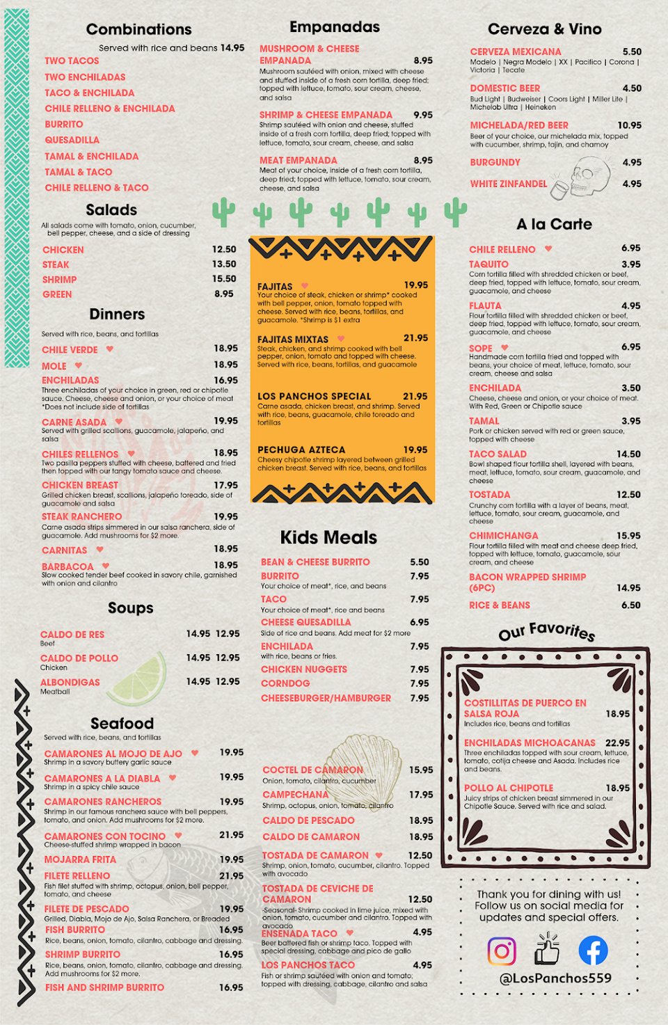 Printed menu with combinations and a la carte items.