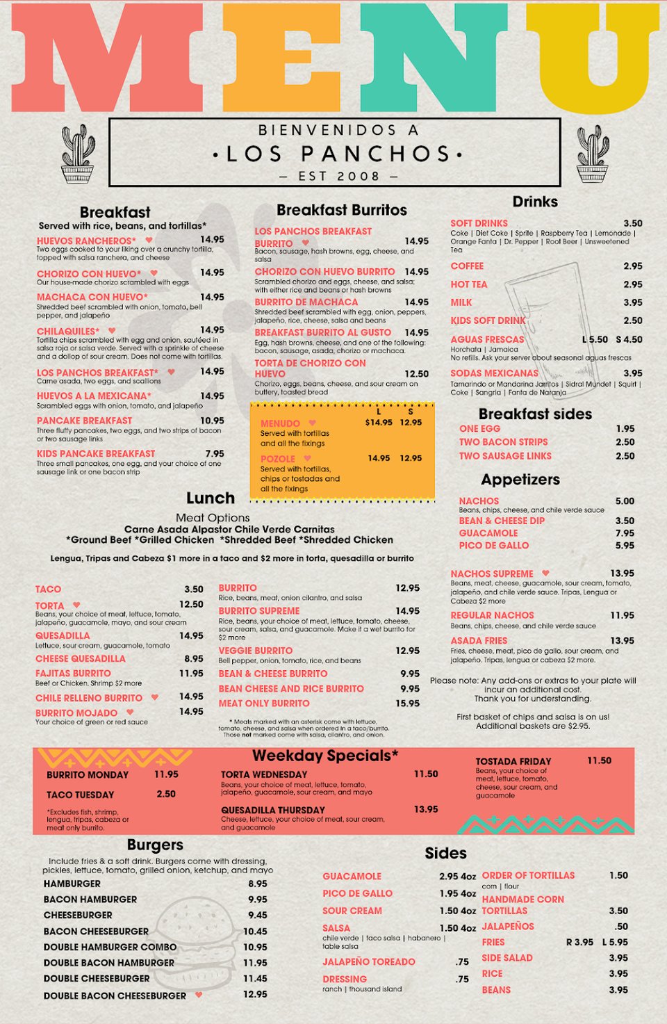 Menu page showing tacos, enchiladas, and steak.