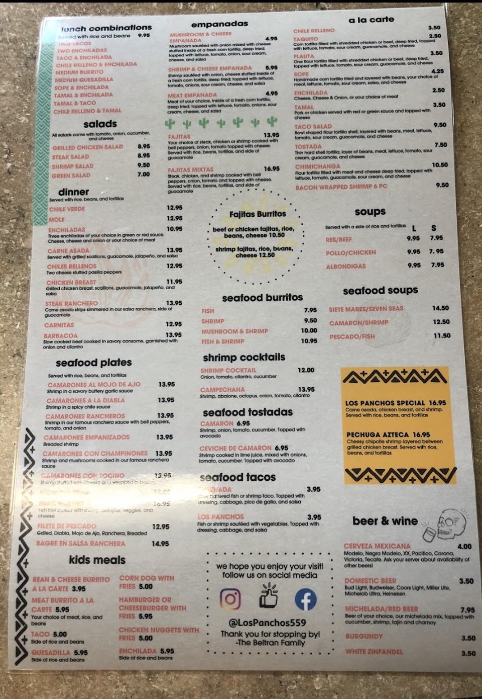 Drinks section with cerveza and michelada options.